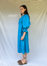 Load image into Gallery viewer, IDA Blue Linen Wrap Dress