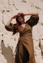 Load image into Gallery viewer, IDA Olive Linen Wrap Dress
