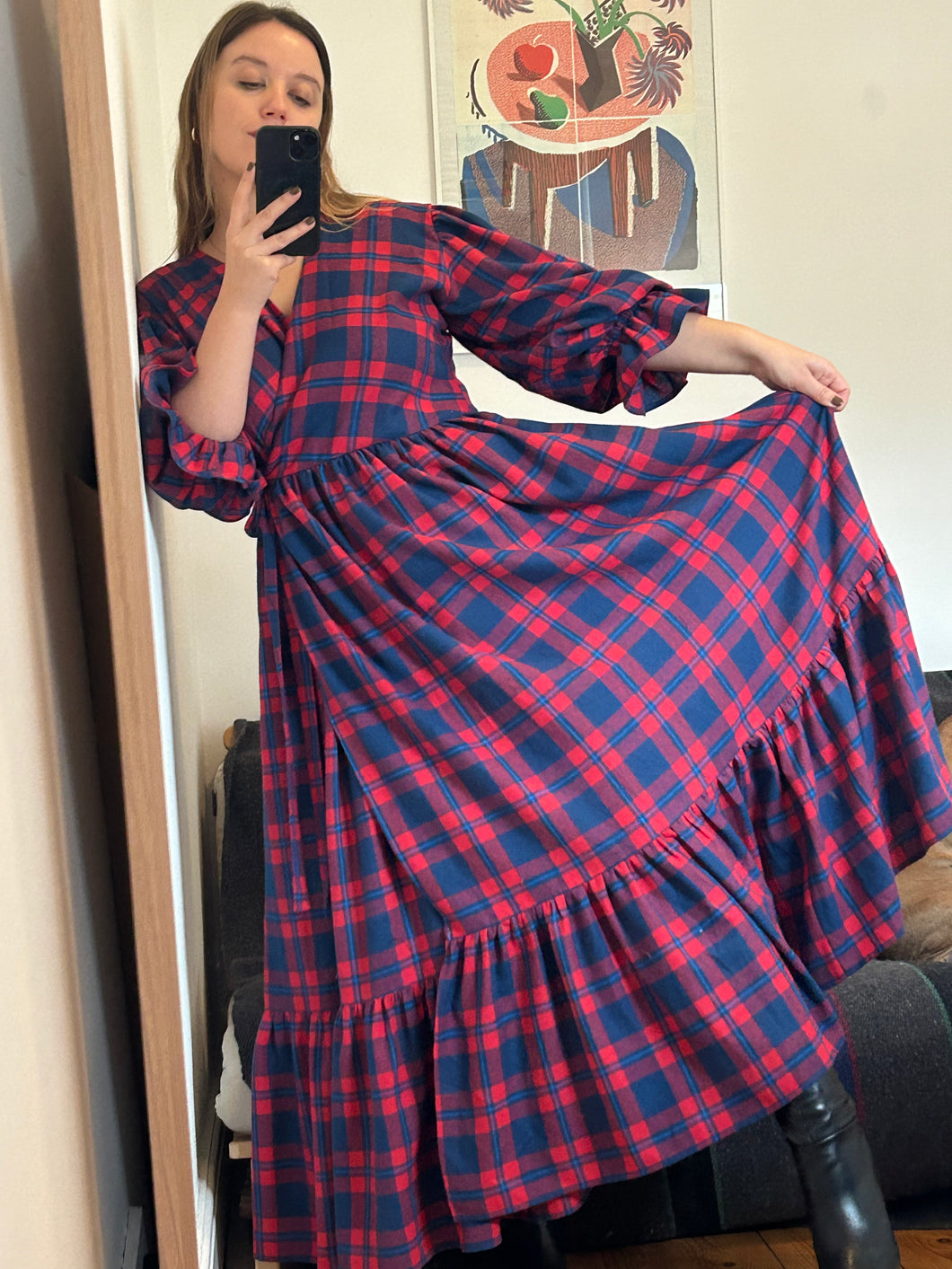 FLEUR Red & Blue Brushed Cotton Wrap Dress