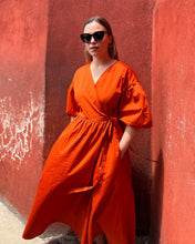 Load image into Gallery viewer, LILA Orange Cotton Poplin Wrap Dress
