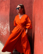 Load image into Gallery viewer, LILA Orange Cotton Poplin Wrap Dress
