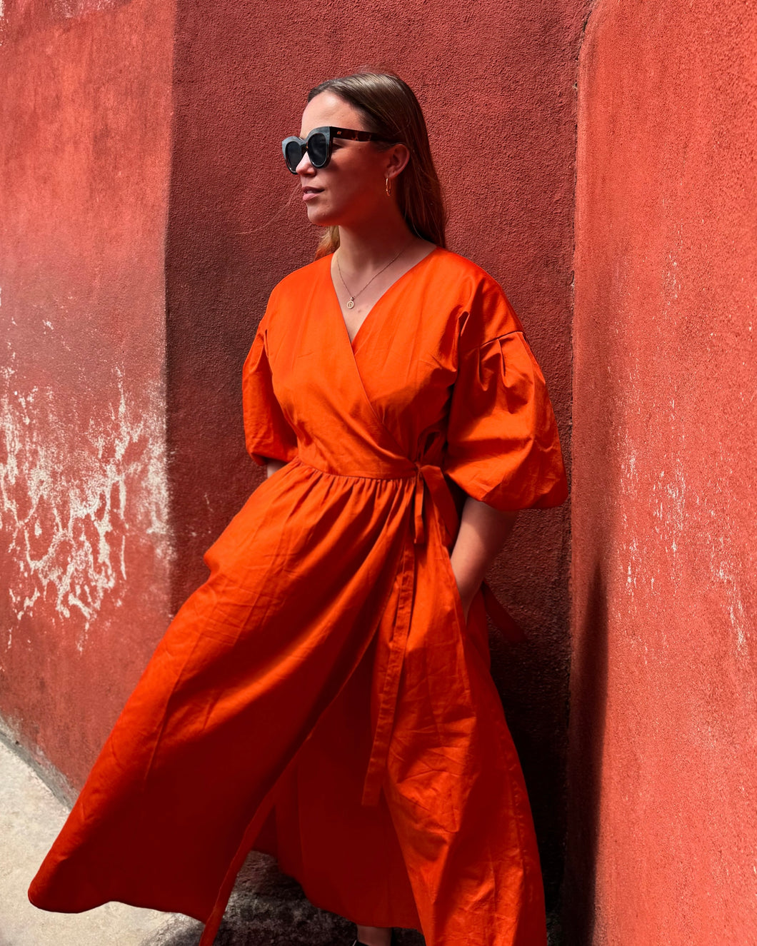 LILA Orange Cotton Poplin Wrap Dress